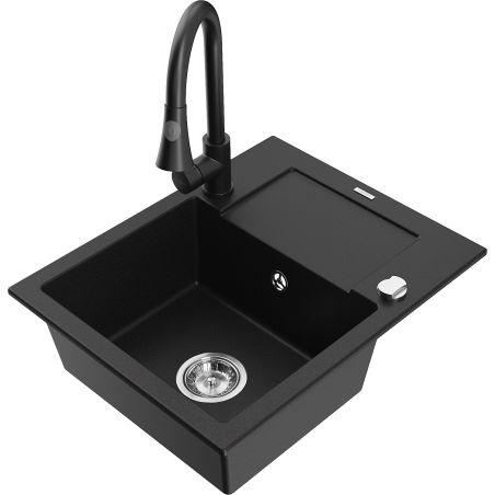 Mexen Enzo granitinė vienos sekcijos plautuvė su nutekamu ir virtuvinės maišytuvas Elia, juodas - 6506-77-670101-70