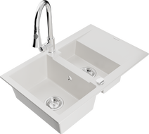 Mexen Gaspar granitinis plautuvė 1,5 skylių su nuvarvėjimo paviršiumi ir virtuviniu maišytuvu Elia, baltas - 6507-20-670101-00