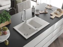Mexen Gaspar granitinis plautuvė 1,5 skylių su nuvarvėjimo paviršiumi ir virtuviniu maišytuvu Elia, baltas - 6507-20-670101-00