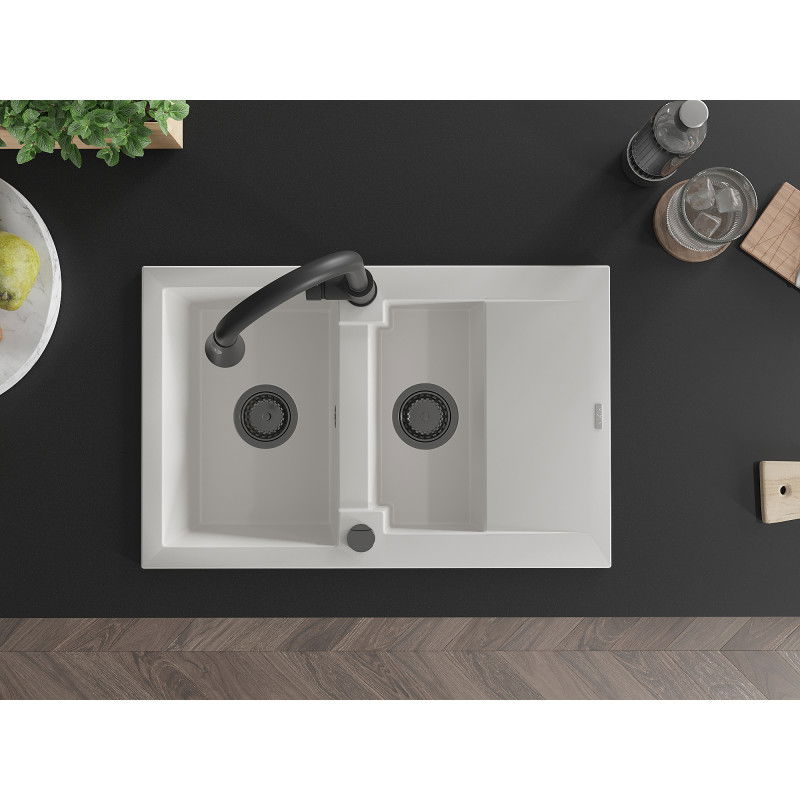 Mexen Gaspar granito plautuvė su 1,5 skyreliais ir nutekėjimu bei virtuvės maišytuvu Elia, balta - 6507-20-670101-70