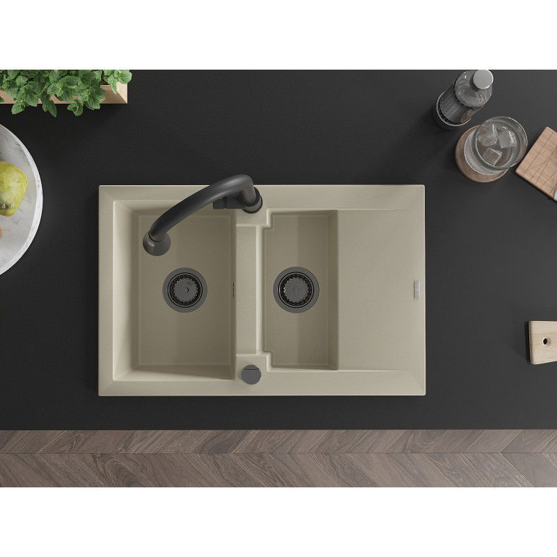 Mexen Gaspar granito kriauklė su 1,5 sekcija, nuvarvėtuvas bei Elia virtuvinis maišytuvas, smėlio spalvos - 6507-69-670101-70