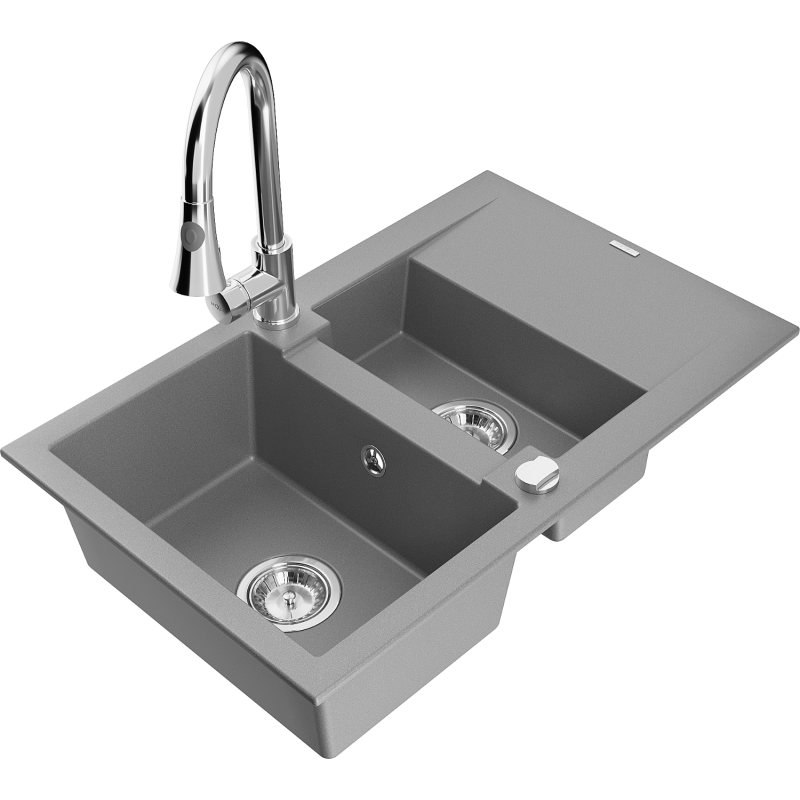 Mexen Gaspar granito kriauklė 1,5 kamerų su nutekamuoju ir virtuviniu maišytuvu Elia, pilka - 6507-71-670101-00