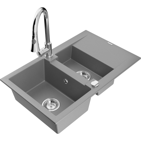 Mexen Gaspar granito kriauklė 1,5 kamerų su nutekamuoju ir virtuviniu maišytuvu Elia, pilka - 6507-71-670101-00