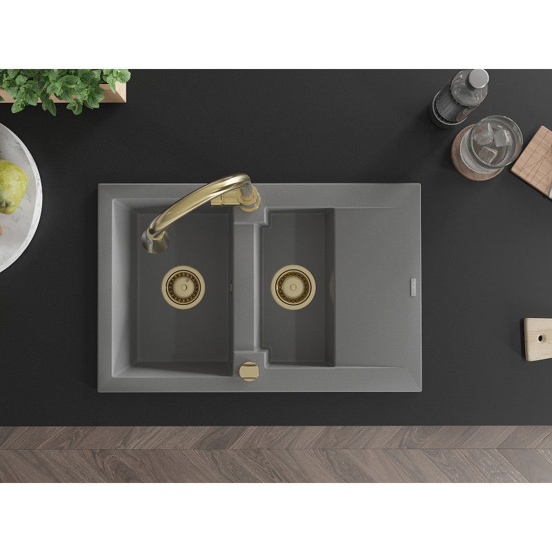 Mexen Gaspar granito plautuvė 1,5 kameros su nusausintuvu ir virtuviniu maišytuvu Elia, pilkas - 6507-71-670101-50