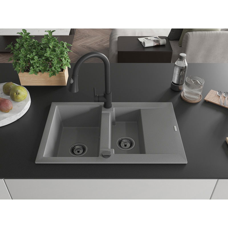 Mexen Gaspar granito plautuvė 1,5-dalies su nutekėjimu ir virtuviniu maišytuvu Elia, pilka - 6507-71-670101-70-B