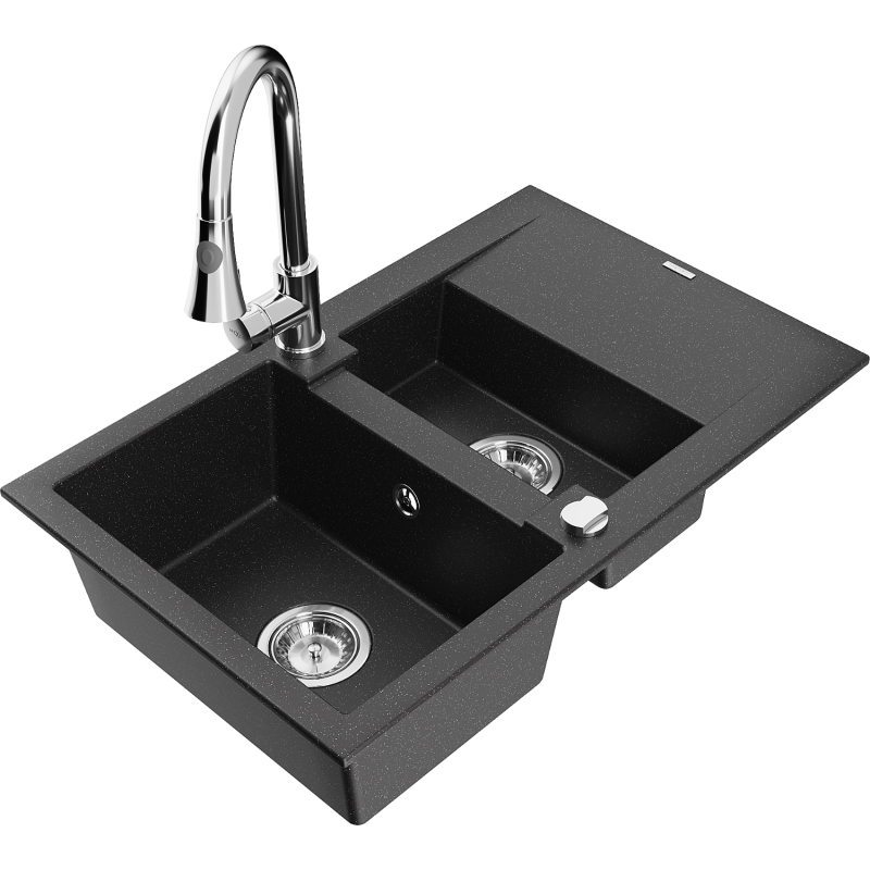 Mexen Gaspar granitinė 1,5 kamerų kriauklė su nutekėjimu ir virtuviniu maišytuvu Elia, juoda/sidabrinis metalikas