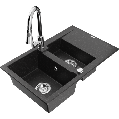 Mexen Gaspar granitinė 1,5 kamerų kriauklė su nutekėjimu ir virtuviniu maišytuvu Elia, juoda/sidabrinis metalikas