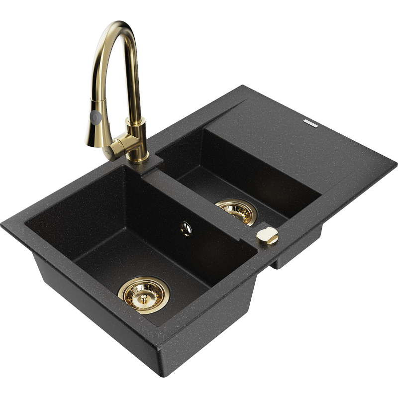 Mexen Gaspar granitinė 1,5 kamerų plautuvė su nutekėjimo zona ir virtuviniu maišytuvu Elia, juodas/sidabrinis metalikas