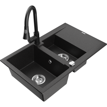 Mexen Gaspar 1,5 kamerų granito plautuvė su nutekėjimu ir virtuviniu maišytuvu Elia, juoda/sidabrinis metalikas