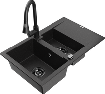 Mexen Gaspar granitinė 1,5 skyrių kriauklė su nuvėdimu ir virtuviniu maišytuvu Elia, juoda/sidabrinė - 6507-73-670101-70-B