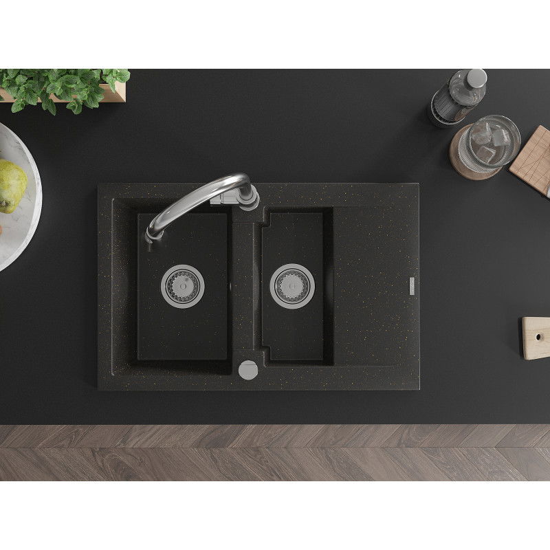Mexen Gaspar 1,5 skylių granito kriauklė su nutekamuoju paviršiumi ir virtuviniu maišytuvu Elia, juodos/auksinės spalvos