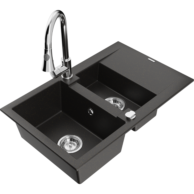 Mexen Gaspar 1,5 skylių granito kriauklė su nutekamuoju paviršiumi ir virtuviniu maišytuvu Elia, juodos/auksinės spalvos