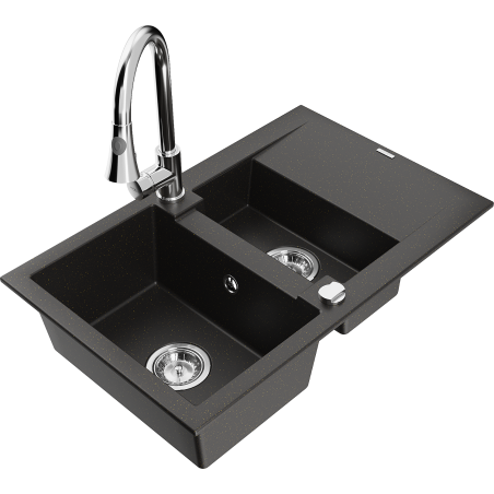 Mexen Gaspar 1,5 skylių granito kriauklė su nutekamuoju paviršiumi ir virtuviniu maišytuvu Elia, juodos/auksinės spalvos