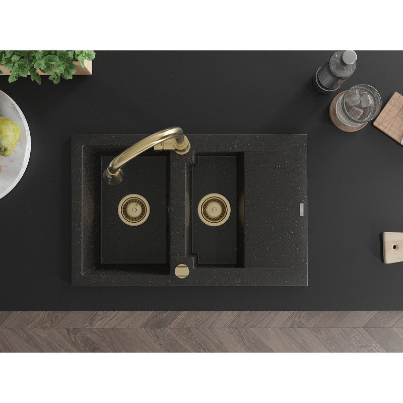 Mexen Gaspar granitinė kriauklė su 1,5 kameromis ir nusausintuvu bei virtuviniu maišytuvu Elia, juoda/auksinė metalika