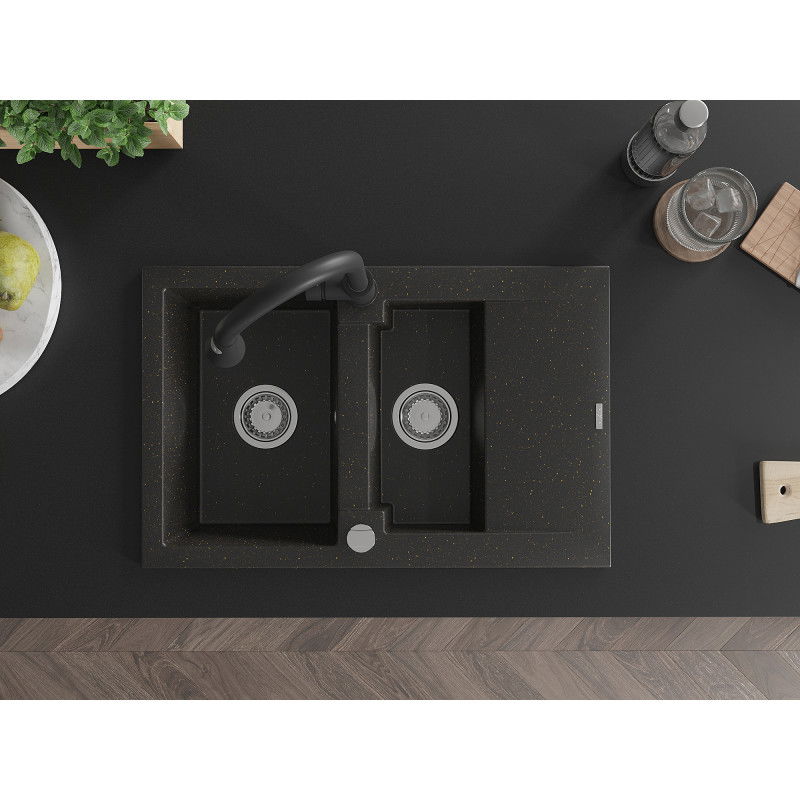 Mexen Gaspar granitinė 1,5 skalbykla su drenažu ir virtuvės maišytuvu Elia, juodas/auksinis metalikas - 6507-75-670101-70