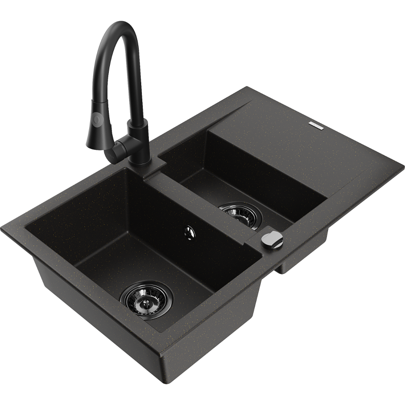 Mexen Gaspar 1,5 kameros granito plautuvė su lašintoju ir virtuviniu maišytuvu Elia, juoda/aukso metalikas