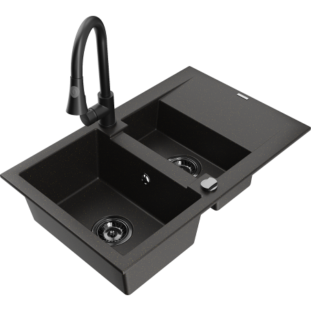 Mexen Gaspar 1,5 kameros granito plautuvė su lašintoju ir virtuviniu maišytuvu Elia, juoda/aukso metalikas