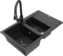 Mexen Gaspar 1,5 kameros granito plautuvė su lašintoju ir virtuviniu maišytuvu Elia, juoda/aukso metalikas