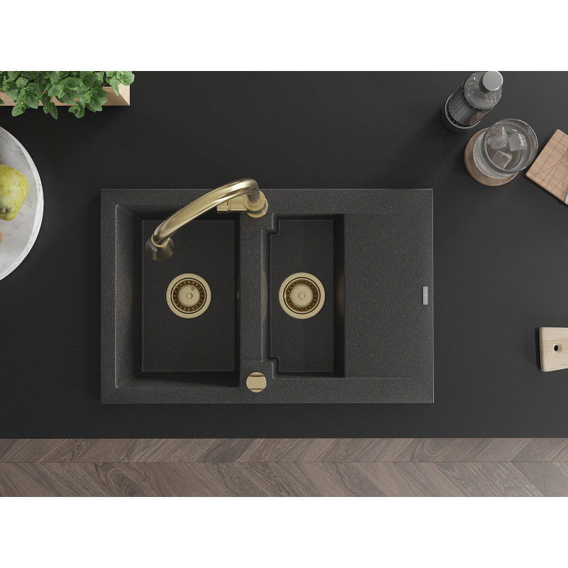 Mexen Gaspar granito plautuvė 1,5-dubenio su nusausintuvu ir virtuviniu maišytuvu Elia, juodas dėmėtas - 6507-76-670101-50