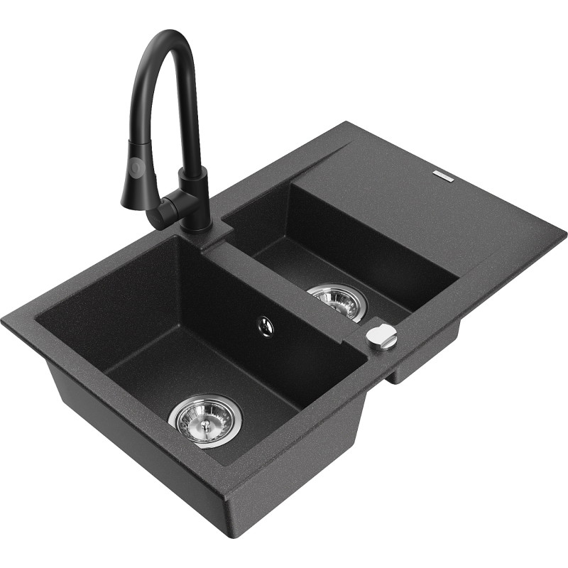Mexen Gaspar granitinė 1,5 skylių kriauklė su varvekliu ir virtuviniu maišytuvu Elia, juoda dėmelė - 6507-76-670101-70