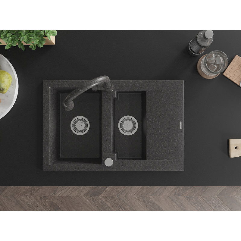 Mexen Gaspar granitinė kriauklė 1,5 dubenų su nutekėjimo ir virtuvės maišytuvu Elia, juoda taškuota - 6507-76-670101-76