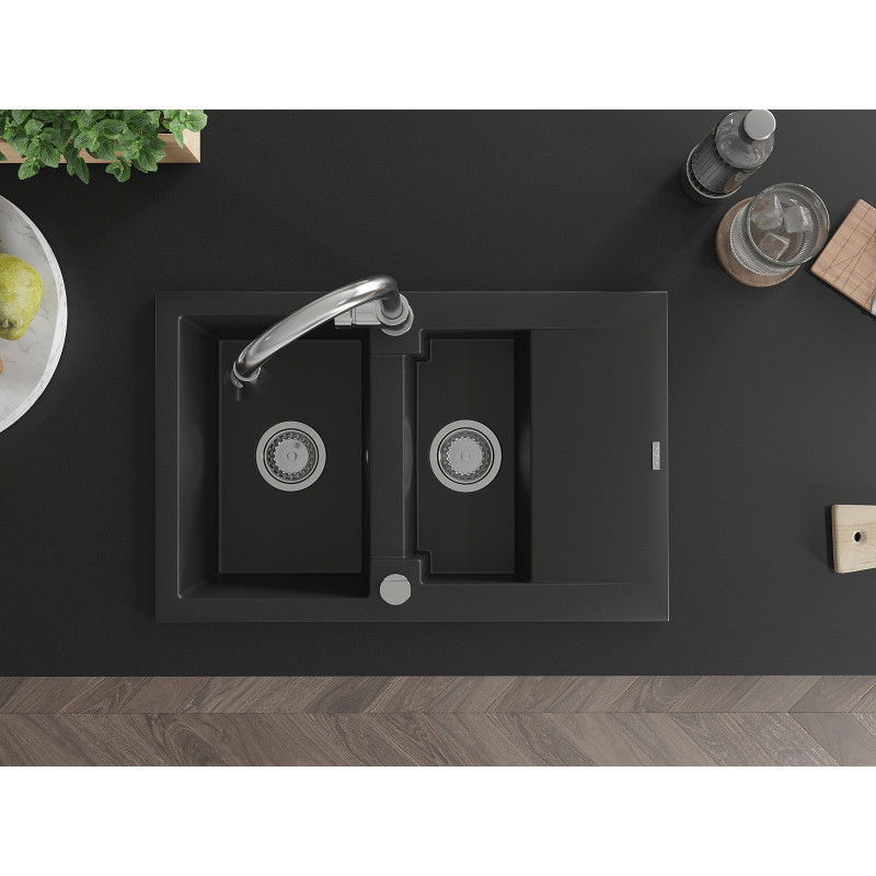 Mexen Gaspar granitinis 1,5 kamerų kriauklė su padėklu ir virtuviniu maišytuvu Elia, juodas - 6507-77-670101-00