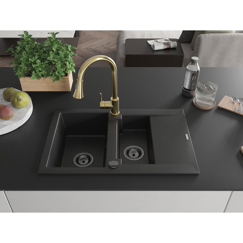 Mexen Gaspar granitinis plautuvas 1,5 skyrių su lašintuvu ir virtuviniu maišytuvu Elia, juodas - 6507-77-670101-50-B
