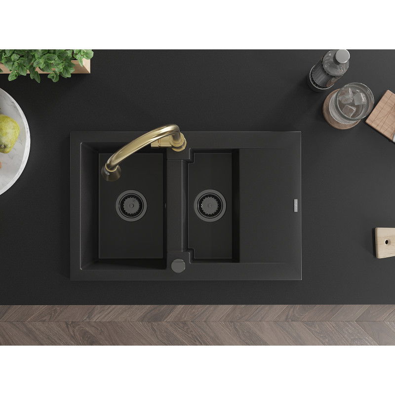 Mexen Gaspar granitinis plautuvas 1,5 skyrių su lašintuvu ir virtuviniu maišytuvu Elia, juodas - 6507-77-670101-50-B
