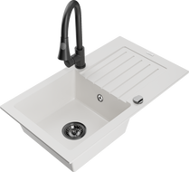 Mexen Pablo granito plautuvė su 1 skyriumi ir drenažu, su virtuviniu maišytuvu Elia, balta - 6510-20-670101-70