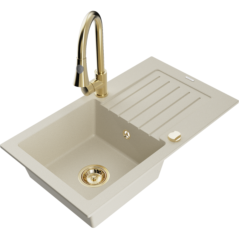 Mexen Pablo granitinė vienos plautuvės kriauklė su nuvarvėtoju ir virtuviniu maišytuvu Elia, smėlio spalvos