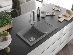 Mexen Pablo granitinė vienos kameros kriauklė su nuteka, pilka ir virtuviniu maišytuvu Elia - 6510-71-670101-00