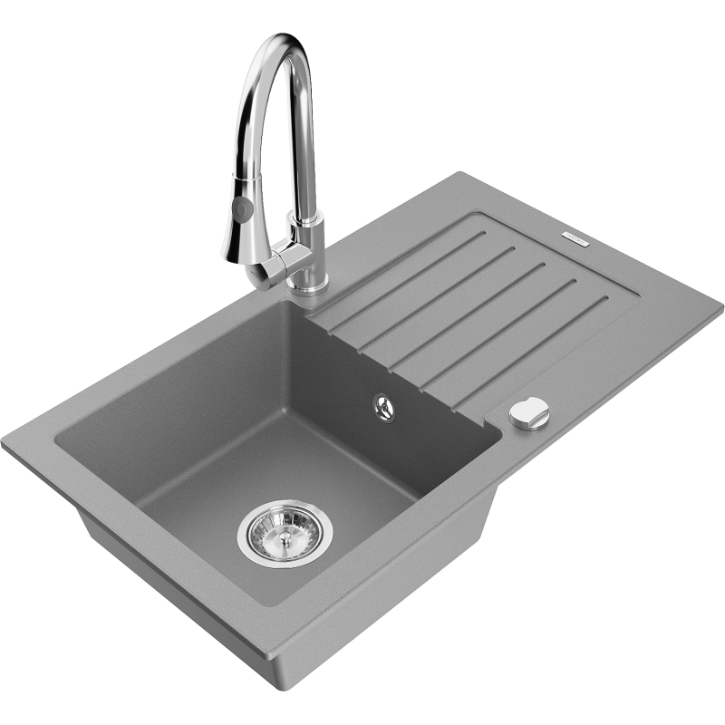 Mexen Pablo granitinė vienos kameros kriauklė su nuteka, pilka ir virtuviniu maišytuvu Elia - 6510-71-670101-00