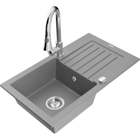 Mexen Pablo granitinė vienos kameros kriauklė su nuteka, pilka ir virtuviniu maišytuvu Elia - 6510-71-670101-00