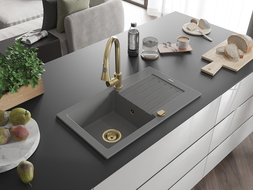 Mexen Pablo granitinė vienos kameros plautuvė su nutekėjimu ir virtuviniu maišytuvu Elia, pilka - 6510-71-670101-50