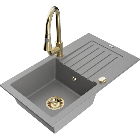 Mexen Pablo granitinė vienos kameros plautuvė su nutekėjimu ir virtuviniu maišytuvu Elia, pilka - 6510-71-670101-50