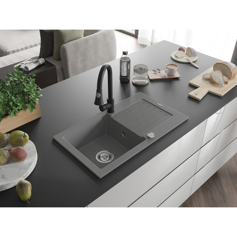 Mexen Pablo granitinis vienos kameros plautuvė su nusausintuvu ir virtuviniu maišytuvu Elia, pilkas - 6510-71-670101-70