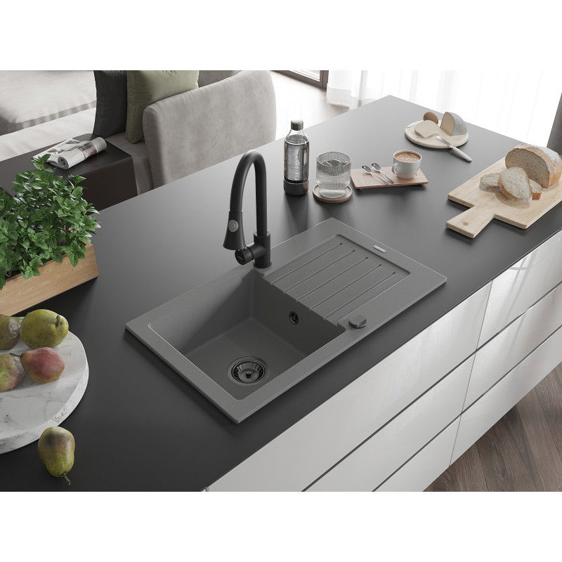 Mexen Pablo granitinė vienos kameros plautuvė su nusausintuvu ir virtuviniu maišytuvu Elia, pilka - 6510-71-670101-70-B