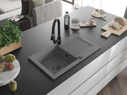 Mexen Pablo granitinė vienos kameros plautuvė su nusausintuvu ir virtuviniu maišytuvu Elia, pilka - 6510-71-670101-70-B