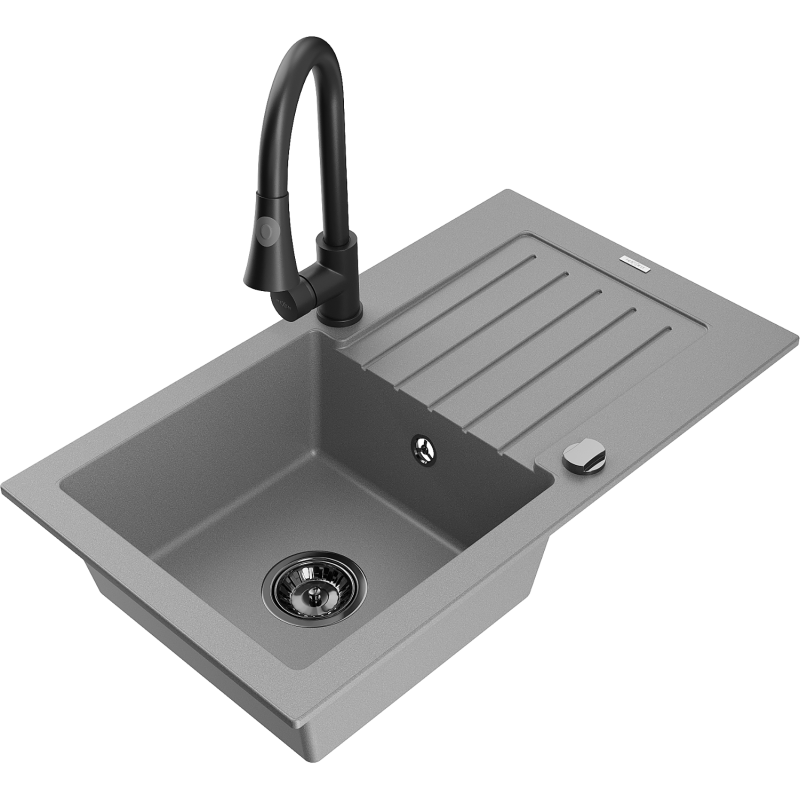 Mexen Pablo granitinė vienos kameros plautuvė su nusausintuvu ir virtuviniu maišytuvu Elia, pilka - 6510-71-670101-70-B