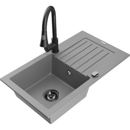 Mexen Pablo granitinė vienos kameros plautuvė su nusausintuvu ir virtuviniu maišytuvu Elia, pilka - 6510-71-670101-70-B