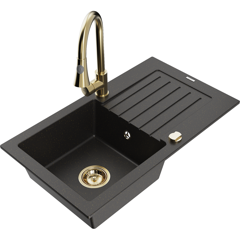 Mexen Pablo granitinė vienos kameros plautuvė su lašėjimo paviršiumi ir Elia virtuvine maišytuvu, juodas/auksinis