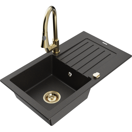 Mexen Pablo granitinė vienos kameros plautuvė su lašėjimo paviršiumi ir Elia virtuvine maišytuvu, juodas/auksinis