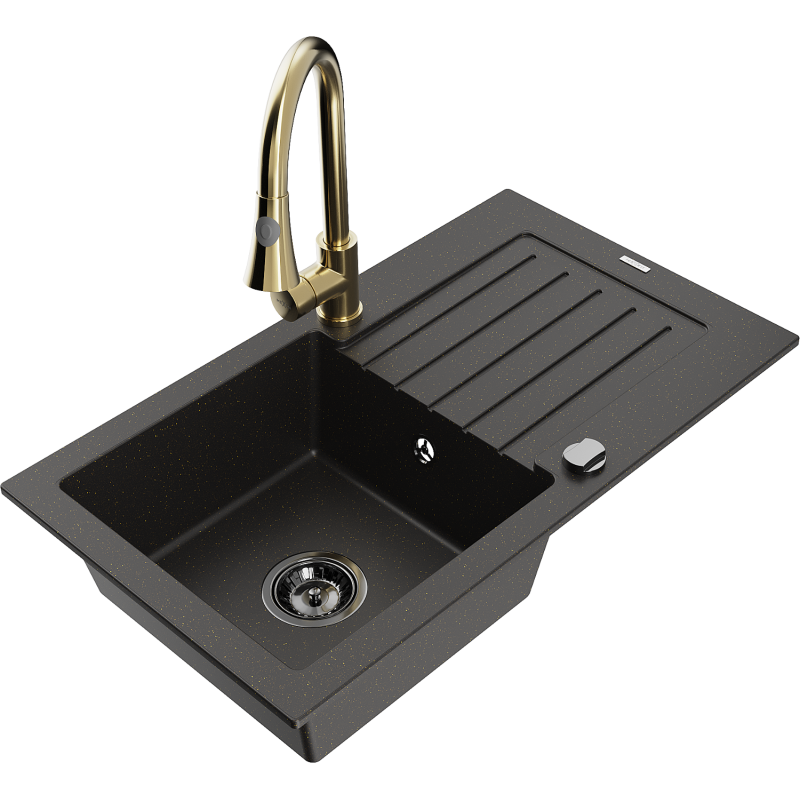 Mexen Pablo vieno dubens granito plautuvė su nusausintuvu ir virtuviniu maišytuvu Elia, juodas/auksinis metalikas