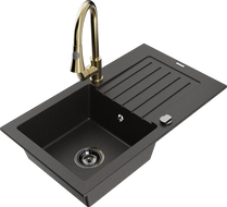 Mexen Pablo vieno dubens granito plautuvė su nusausintuvu ir virtuviniu maišytuvu Elia, juodas/auksinis metalikas
