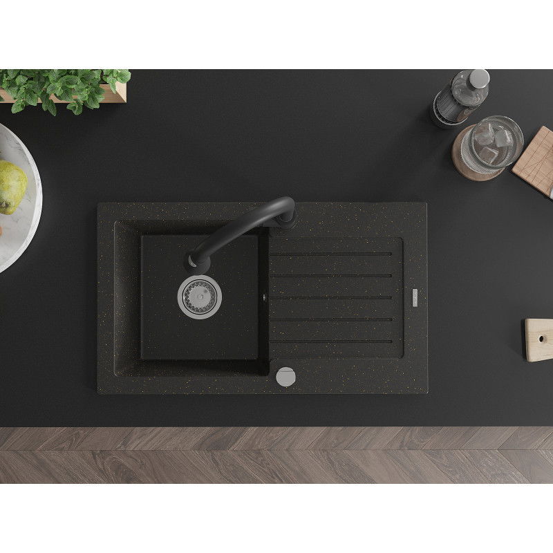 Mexen Pablo granitinė vienos plautuvės kriauklė su nusausinimo vieta ir virtuvės maišytuvu Elia, juodos/auksinės spalvos