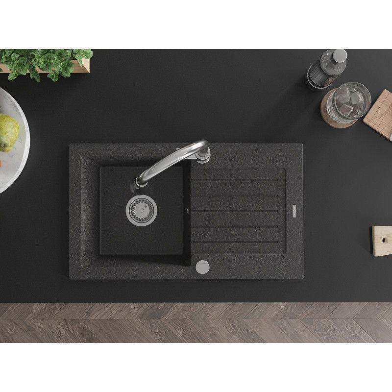 Mexen Pablo granitinė vienos kameros kriauklė su nusausinimo lentyna ir virtuvės maišytuvu Elia, juoda su dėmėmis