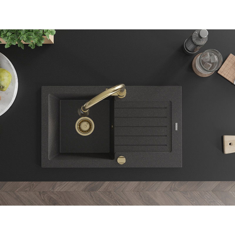 Mexen Pablo granitinė vienos kameros plautuvė su nutekamąja dalimi ir virtuviniu maišytuvu Elia, juoda su taškeliais