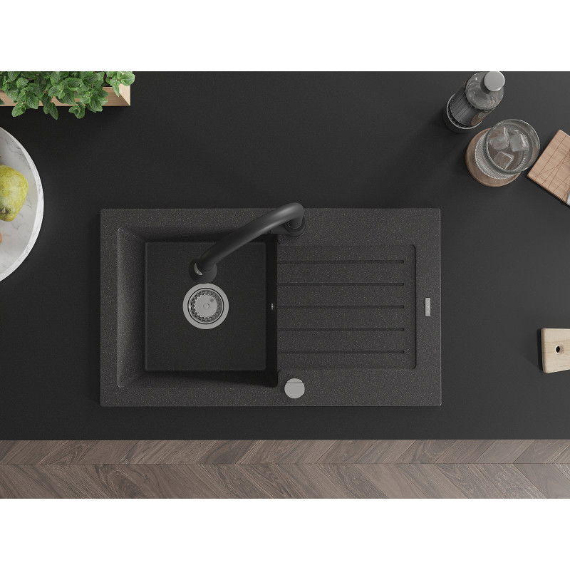 Mexen Pablo granito plautuvė vienos kameros su nusausikliu ir maišytuvu Elia, juodas su dėmėmis - 6510-76-670101-70
