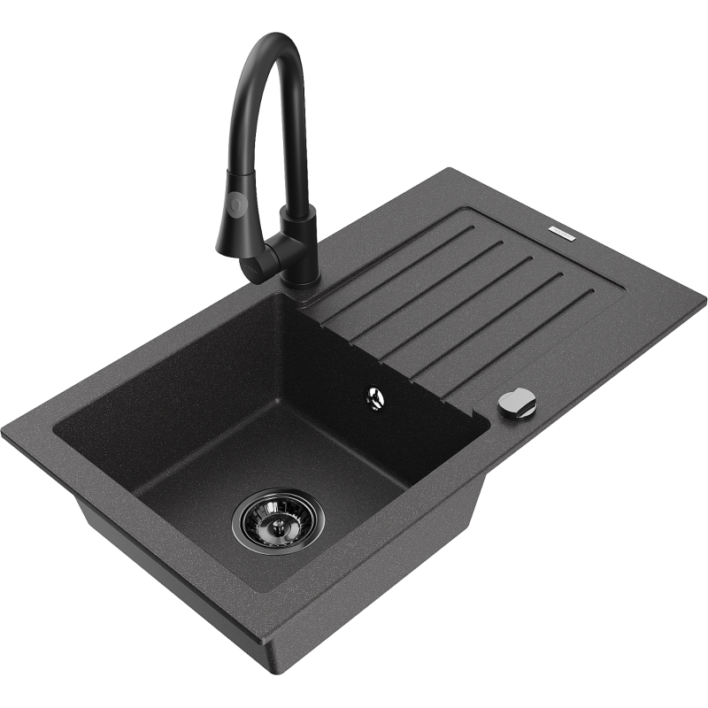Mexen Pablo vienos dalies granitinė plautuvė su nuvarvėtu ir virtuviniu maišytuvu Elia, juoda taškuota