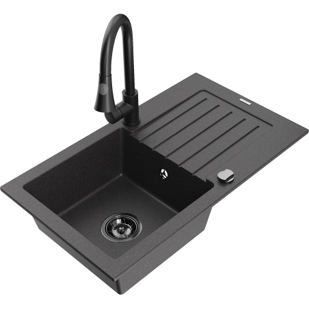 Mexen Pablo vienos dalies granitinė plautuvė su nuvarvėtu ir virtuviniu maišytuvu Elia, juoda taškuota